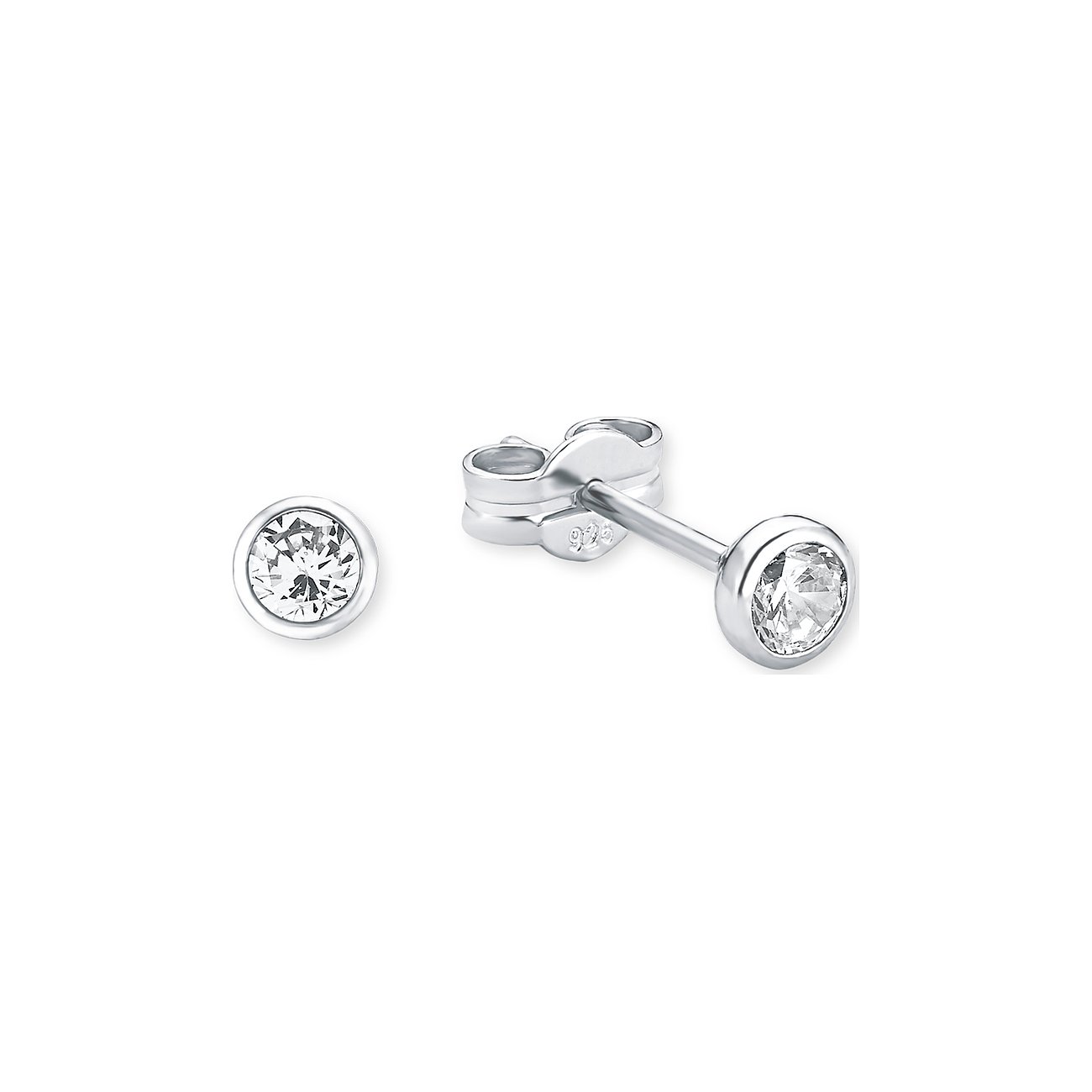 Puces d'oreilles FAVS en argent 925 avec zircons blancs et fermoir papillon, photographiées obliquement par derrière.