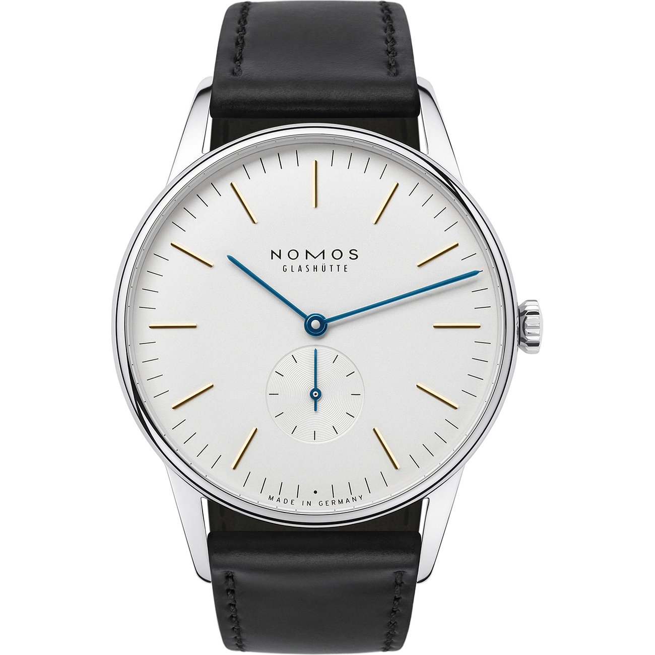 Nomos Glashütte Herrenuhr mit Edelstahlgehäuse, weißem Zifferblatt und schwarzem Armband.