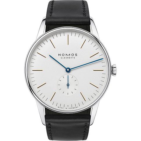 Nomos Glashütte Herrenuhr mit Edelstahlgehäuse, weißem Zifferblatt und schwarzem Armband.