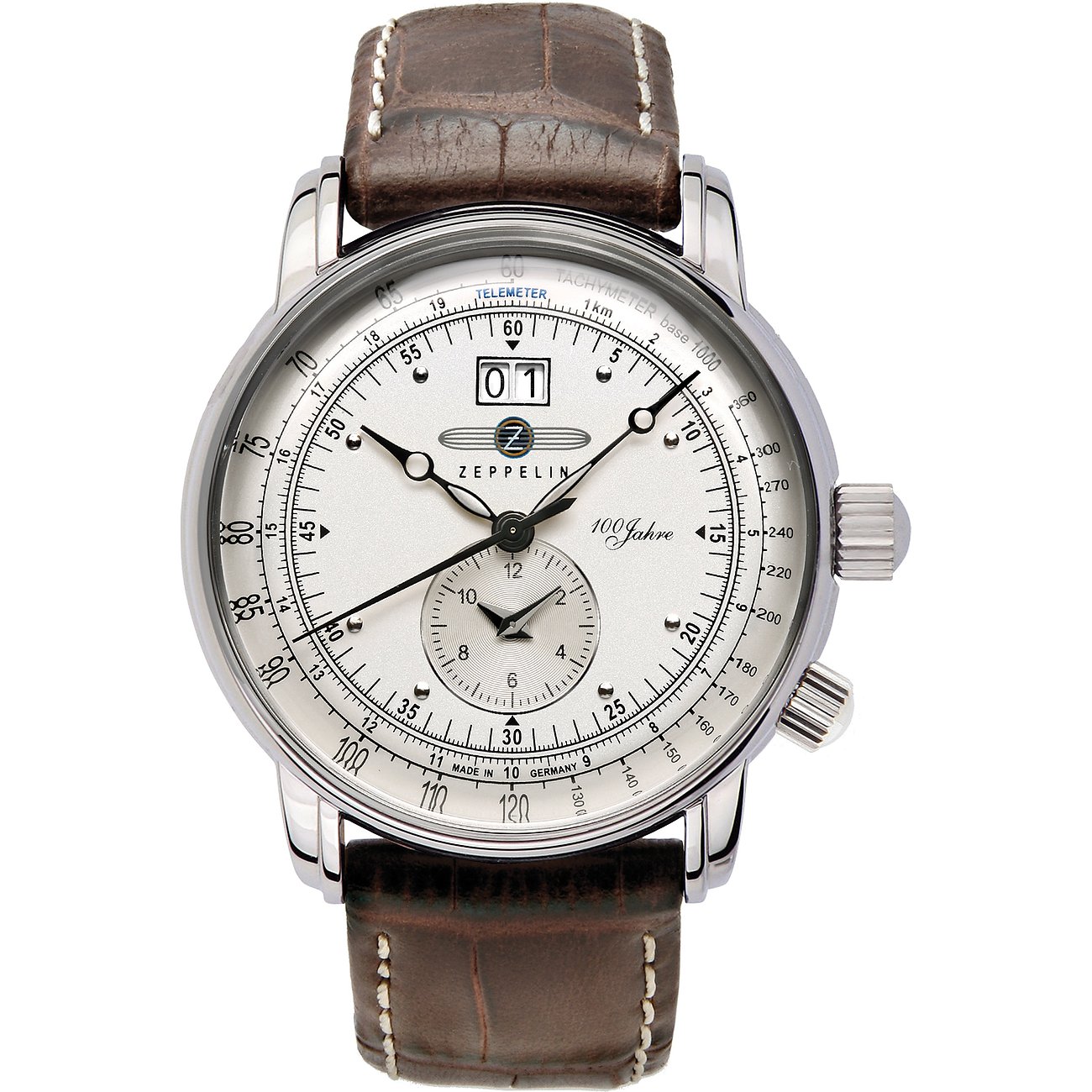 Zeppelin Herrenuhr mit Edelstahlgehäuse, silberfarbenes Zifferblatt, Datum.