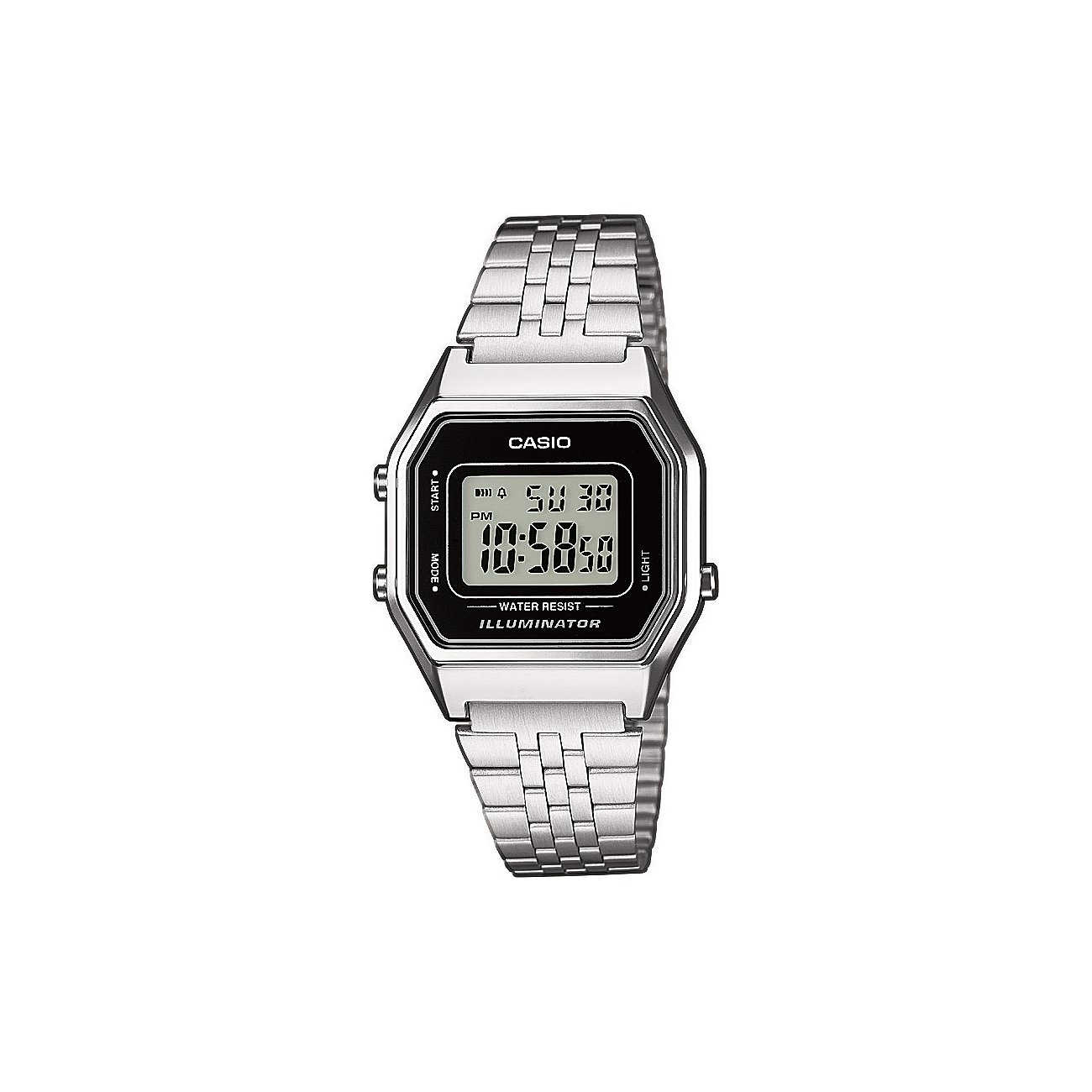 Montre Casio pour femme avec boîtier en résine, affichage numérique et bracelet argenté.
