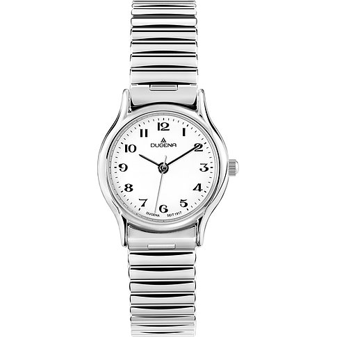 Dugena Damenuhr aus Edelstahl mit weißem Zifferblatt und silberfarbenem Armband.