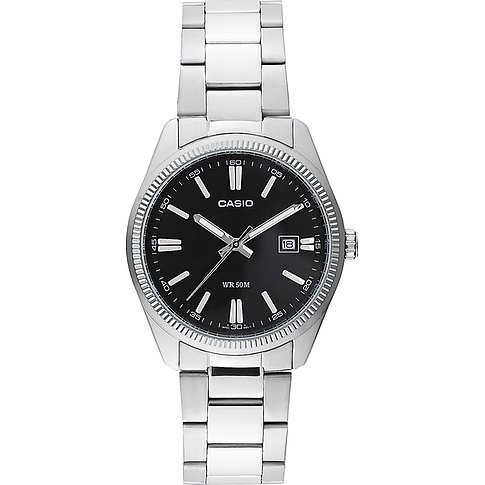 Casio Herrenuhr mit Edelstahlgehäuse, schwarzem Zifferblatt und Datumsanzeige.