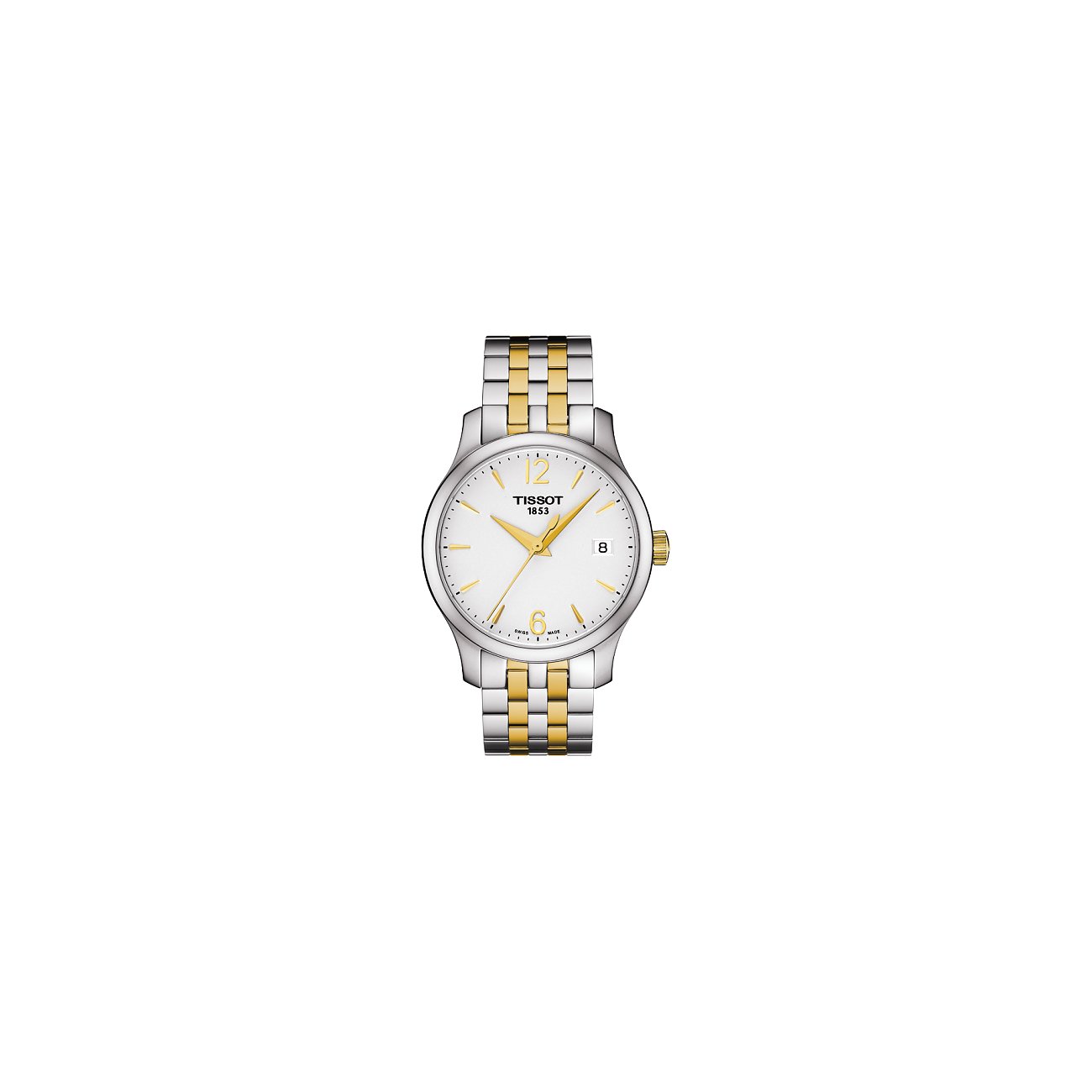 Tissot Damenuhr aus Edelstahl mit goldenen Akzenten und weißem Zifferblatt