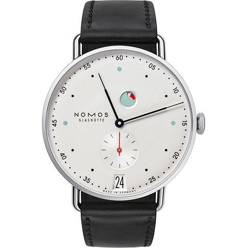 Nomos Glashütte Herrenuhr mit Edelstahlgehäuse, weißem Zifferblatt und Datum.