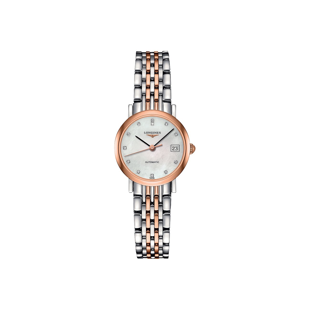 Longines Damenuhr aus Edelstahl und Roségold mit weißem Zifferblatt und Diamanten als Stundenmarkierungen.