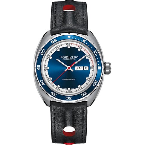 Hamilton Herrenuhr mit Edelstahlgehäuse und blauem Zifferblatt.