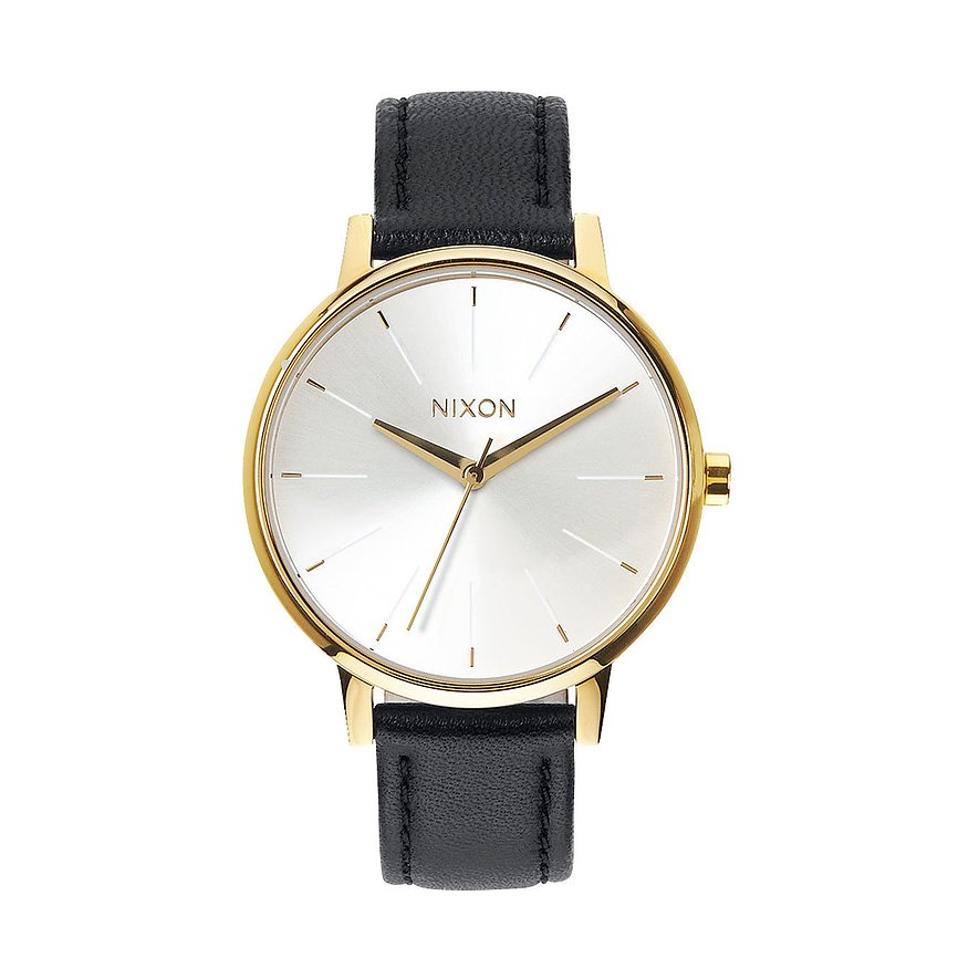 Die Nixon Damenuhr aus Edelstahl hat ein rundes goldenes Gehäuse und ein schwarzes Lederarmband.