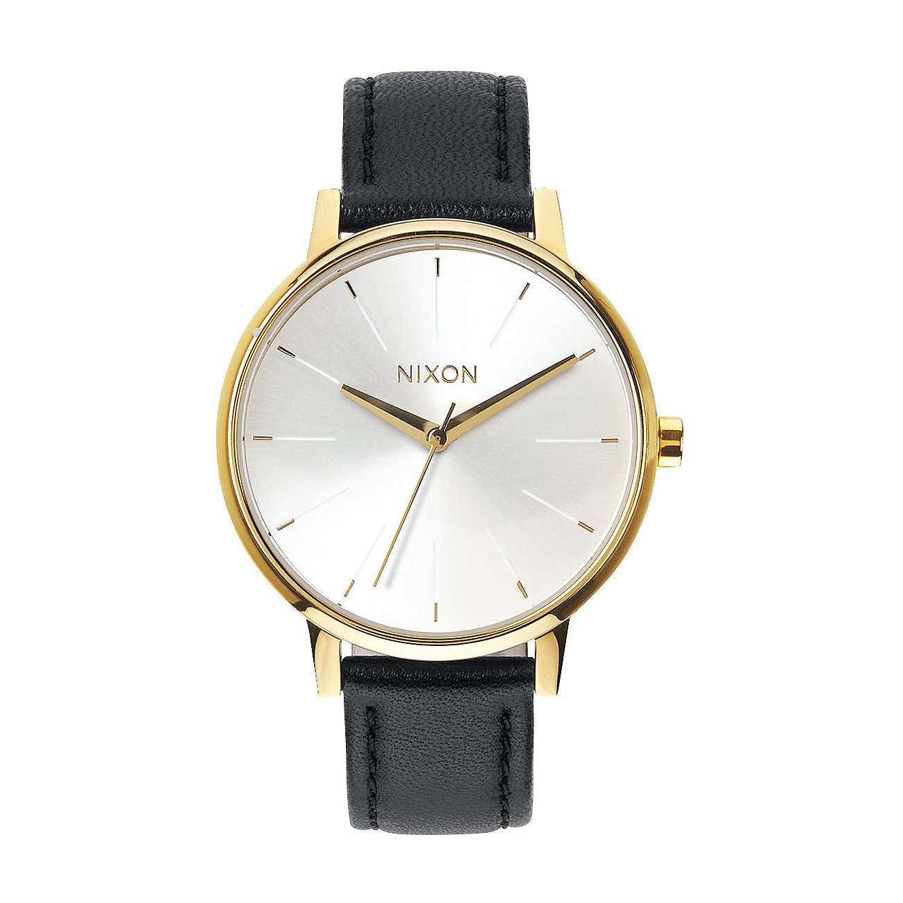 Die Nixon Damenuhr aus Edelstahl hat ein rundes goldenes Gehäuse und ein schwarzes Lederarmband.