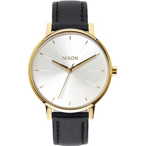 Die Nixon Damenuhr aus Edelstahl hat ein rundes goldenes Gehäuse und ein schwarzes Lederarmband.