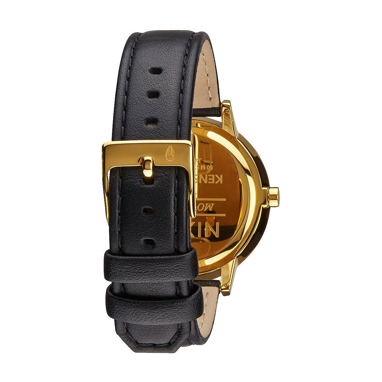 Rückansicht einer goldenen Nixon Damenuhr aus Edelstahl mit schwarzem Lederarmband und goldener Schließe.