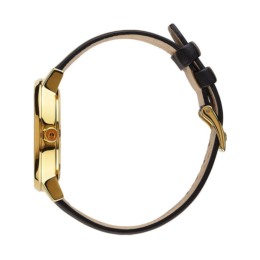 Seitenansicht der Nixon Damenuhr. Das goldfarbene Edelstahlgehäuse und das schwarze Lederarmband sind sichtbar.