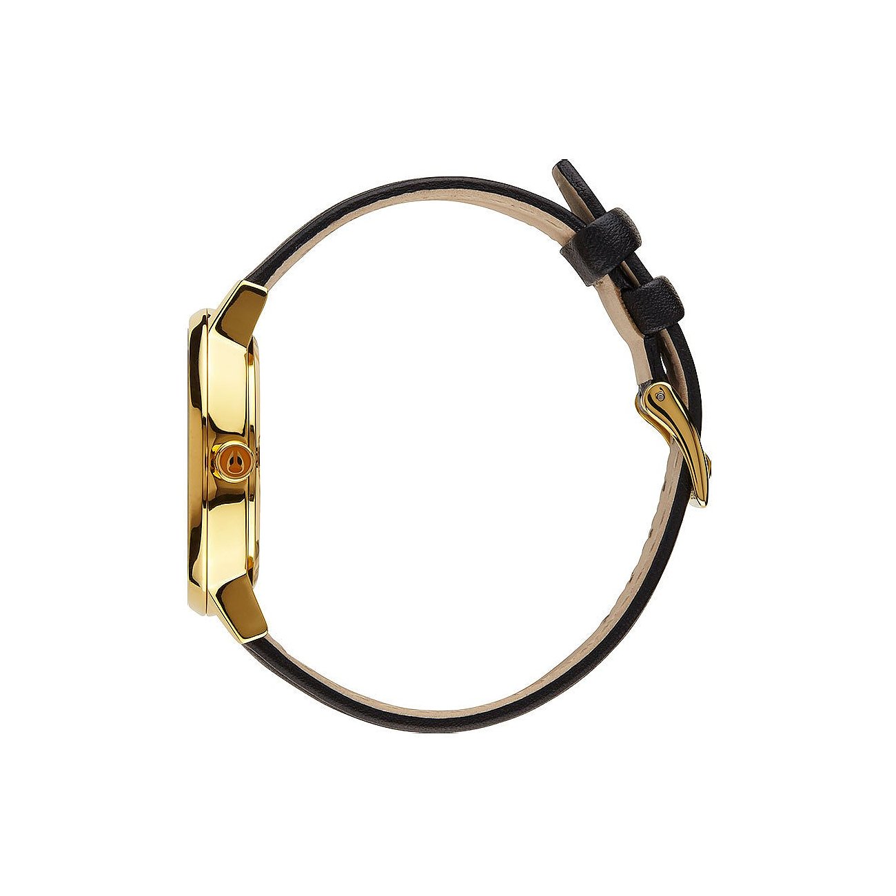 Seitenansicht der Nixon Damenuhr. Das goldfarbene Edelstahlgehäuse und das schwarze Lederarmband sind sichtbar.