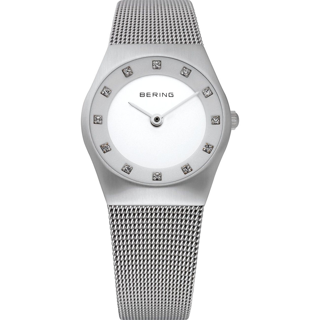 Bering Damenuhr aus Edelstahl mit weißem Zifferblatt und Swarovski-Kristallen als Indexe, flach von vorne.