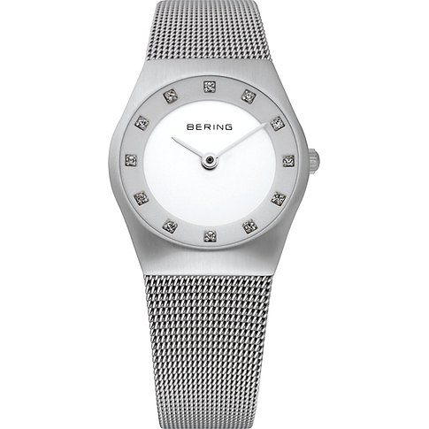 Orologio Bering da donna in acciaio inox con quadrante bianco e cristalli Swarovski come indici, piatto da davanti.