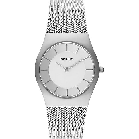 Orologio da donna Bering in acciaio, cassa ovale, quadrante bianco, e bracciale a maglia milanese.