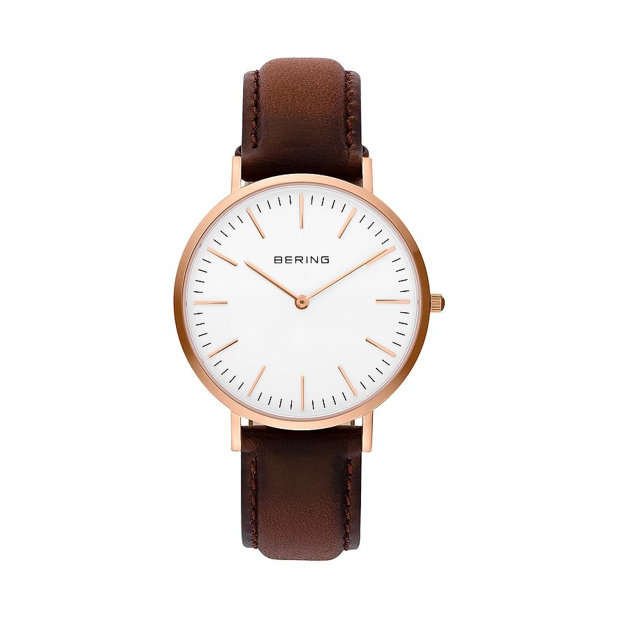 Bering Herrenuhr aus roségoldfarbenem Edelstahl mit weißem Zifferblatt und braunem Lederarmband, frontal.