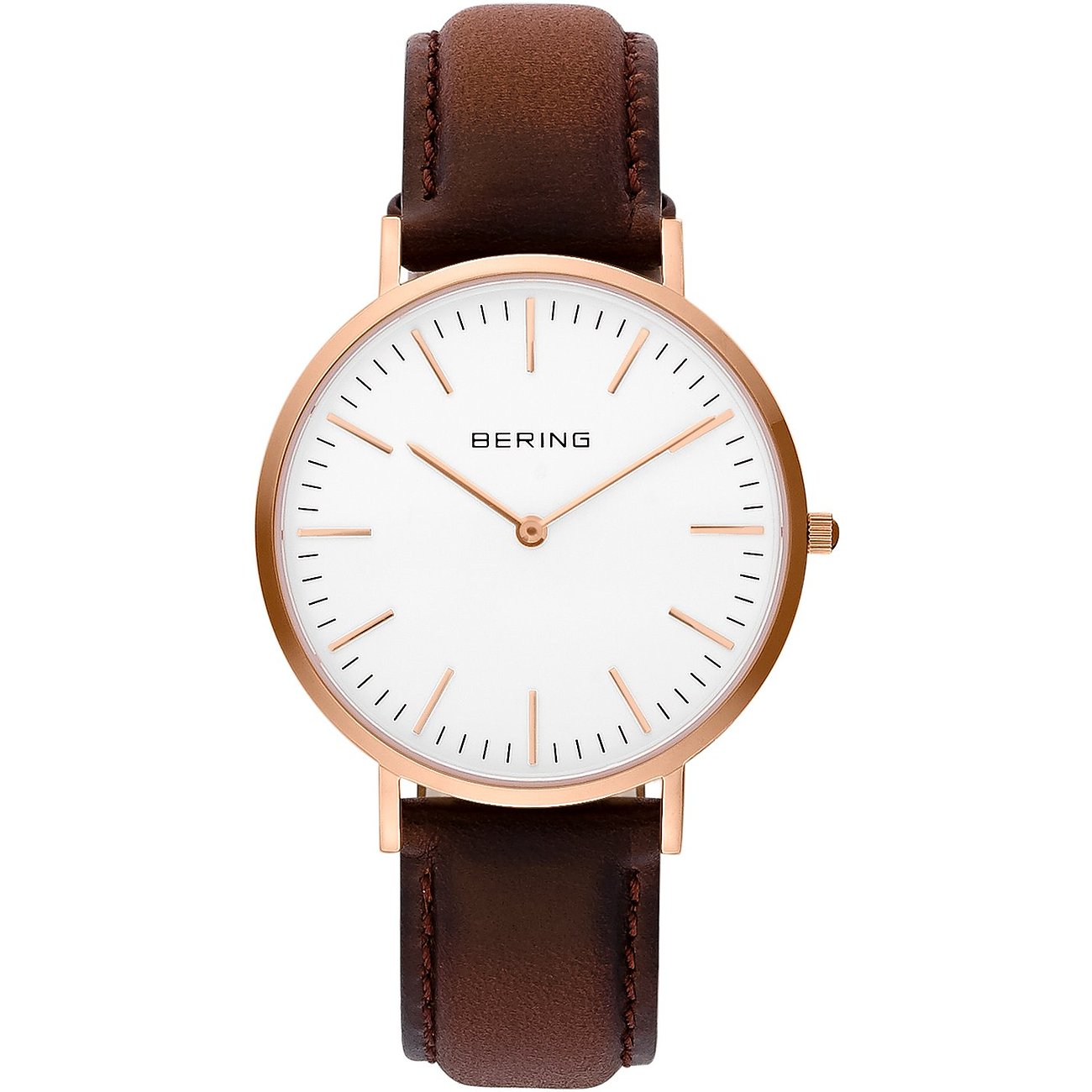 Bering Herrenuhr aus roségoldfarbenem Edelstahl mit weißem Zifferblatt und braunem Lederarmband, frontal.
