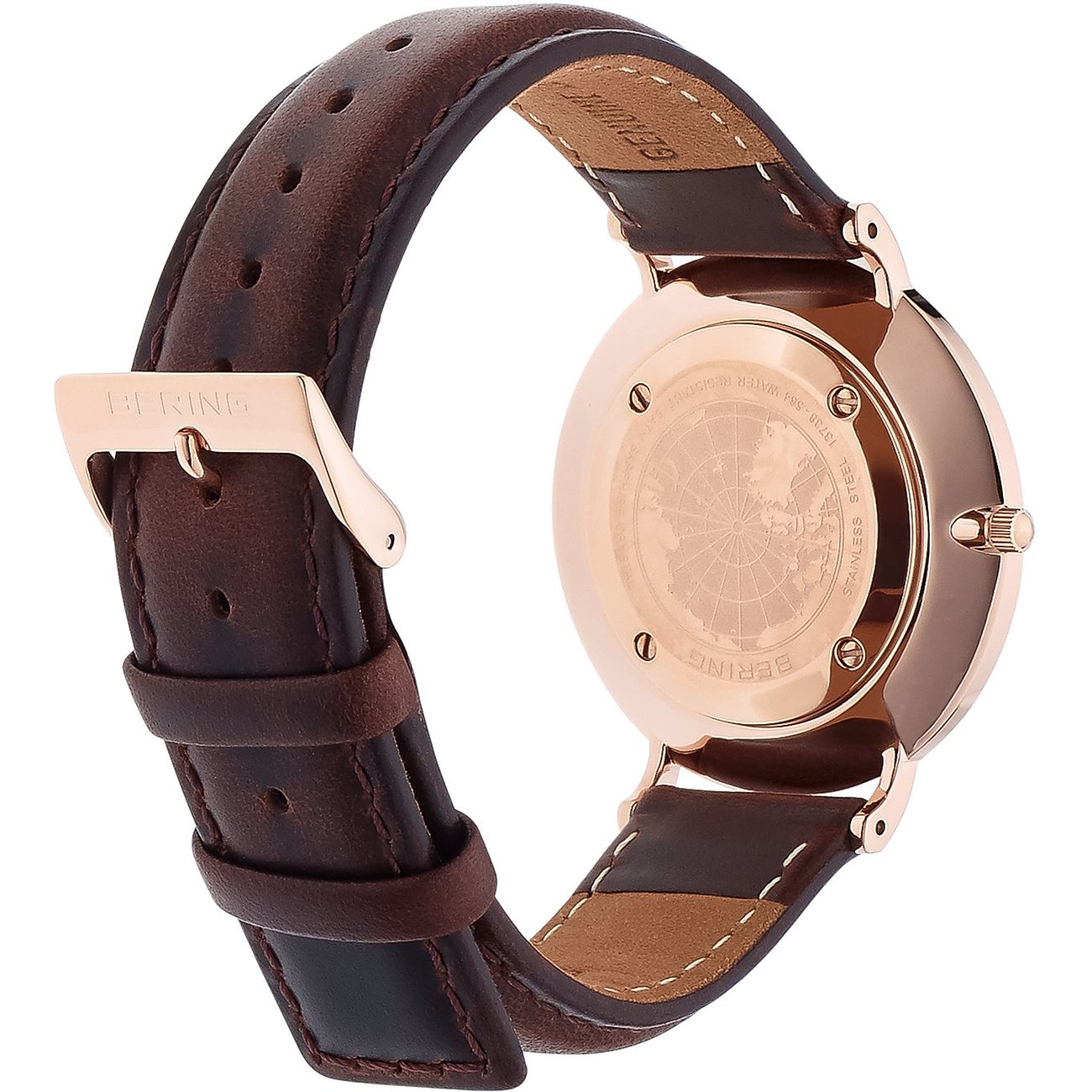 Rückansicht einer Bering Herrenuhr aus Edelstahl mit braunem Lederarmband und roségoldener Schließe.