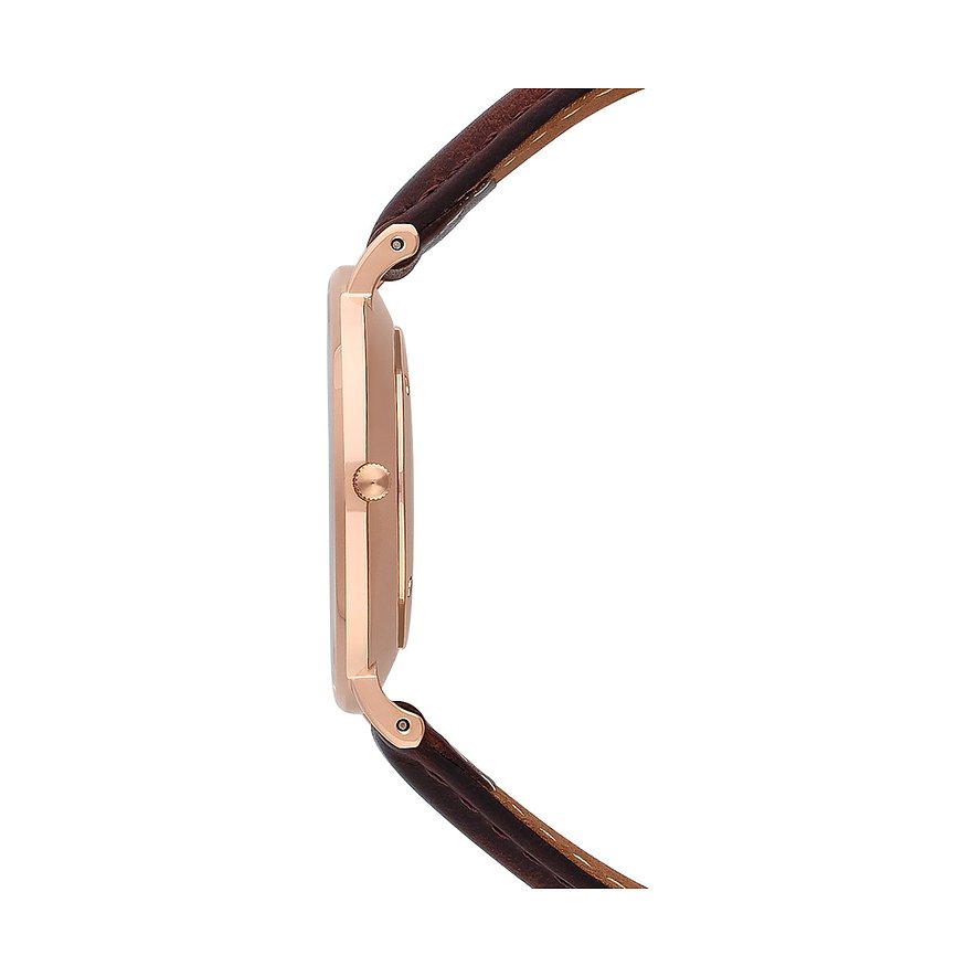 Seitenansicht der Bering Herrenuhr aus goldfarbenem Edelstahl und braunem Lederarmband.