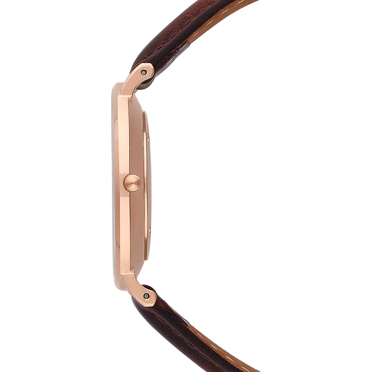 Seitenansicht der Bering Herrenuhr aus goldfarbenem Edelstahl und braunem Lederarmband.