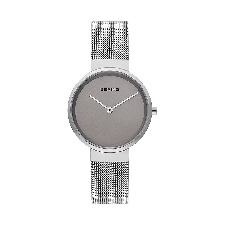 Bering Damenuhr aus Edelstahl mit silbernem Mesh-Armband und grauem Zifferblatt, von vorne aufgenommen.