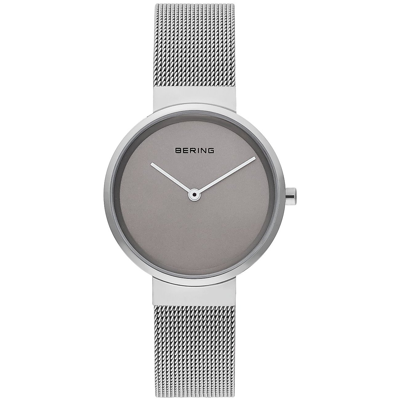 Bering Damenuhr aus Edelstahl mit silbernem Mesh-Armband und grauem Zifferblatt, von vorne aufgenommen.