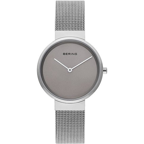 Orologio Bering da donna in acciaio inossidabile con cinturino in maglia color argento e quadrante grigio, vista frontale.