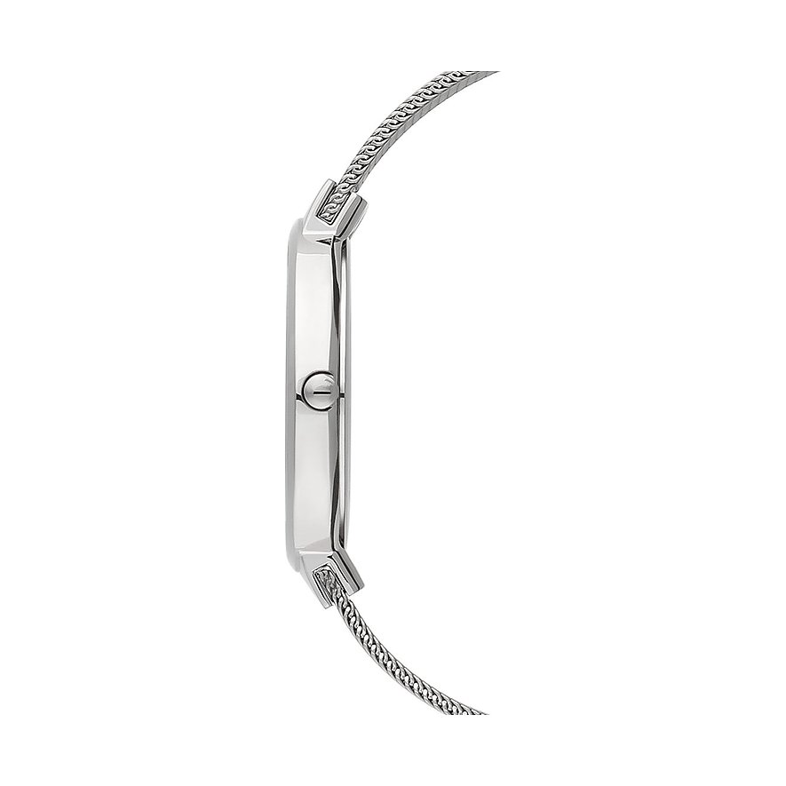 Seitenansicht der Bering Damenuhr aus poliertem Edelstahl mit feinem Milanaise-Armband und runder Krone.