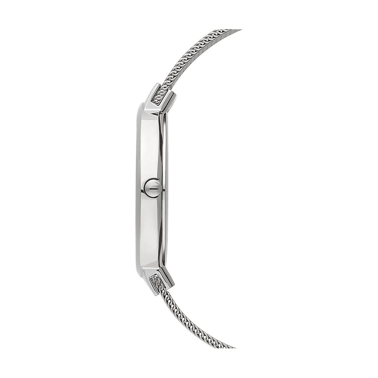 Seitenansicht der Bering Damenuhr aus poliertem Edelstahl mit feinem Milanaise-Armband und runder Krone.