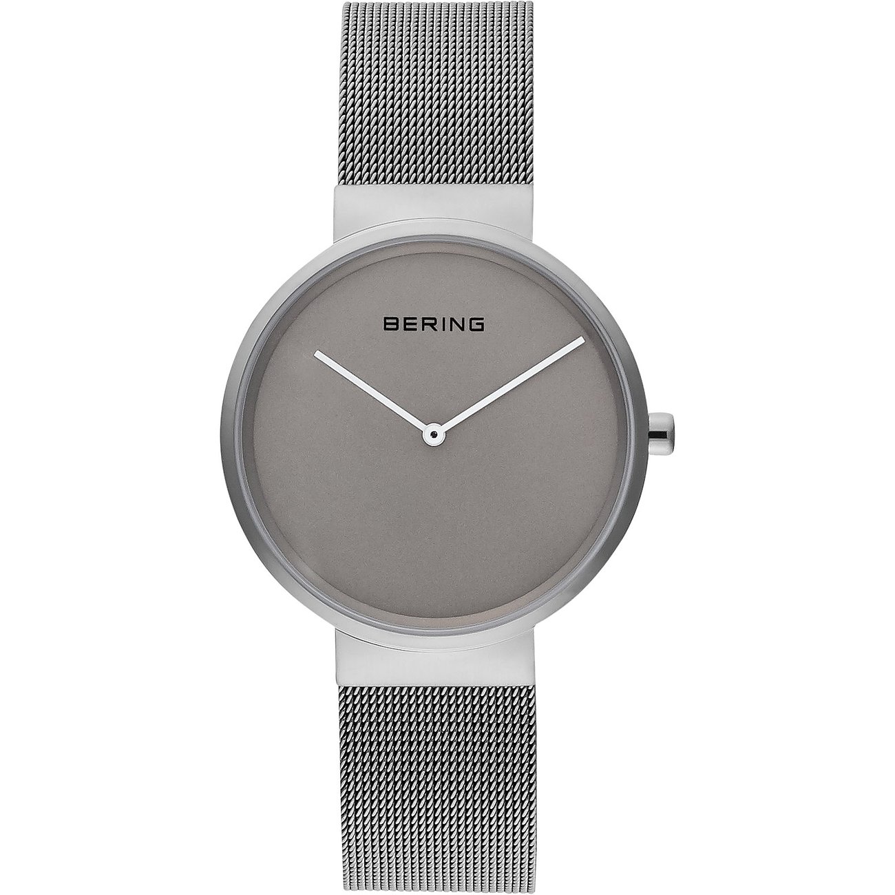 Bering Herrenuhr aus Edelstahl mit silberfarbenem Milanaise-Armband und grauem Zifferblatt, frontal präsentiert.