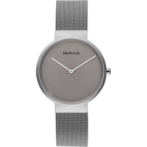 Orologio uomo Bering in acciaio, cinturino Milanese argentato e quadrante grigio, presentato frontalmente.