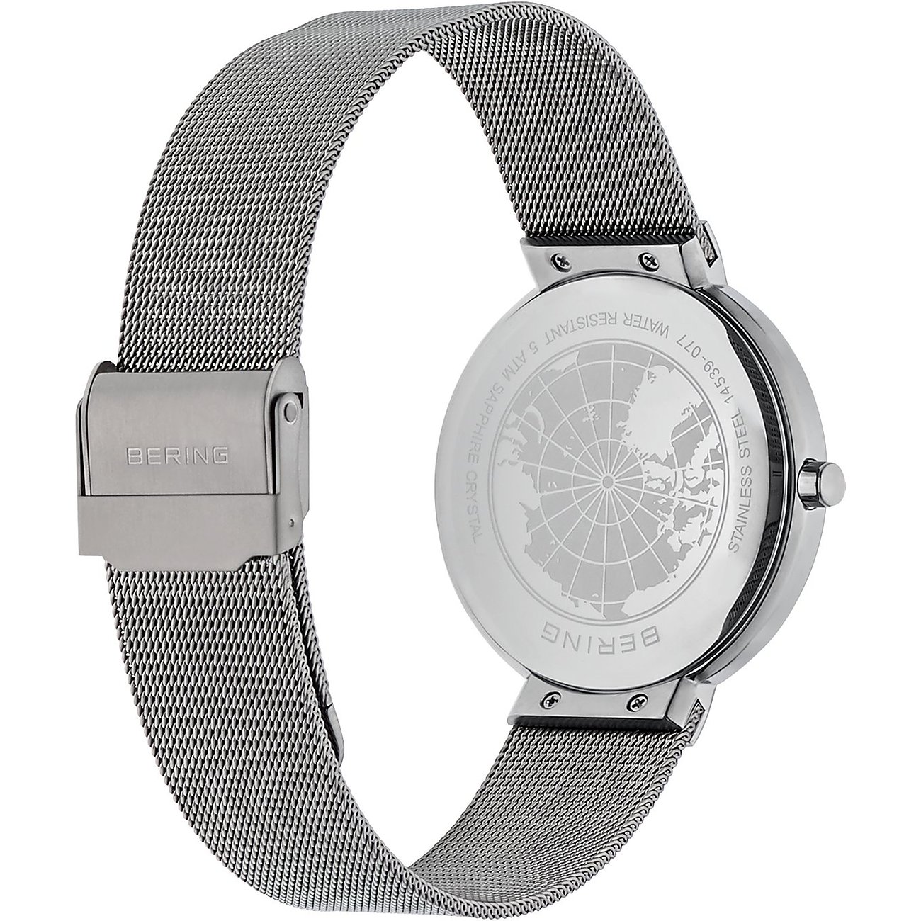 Rückseite einer Bering Herrenuhr aus Edelstahl mit Milanaise-Armband und detailliertem Gehäuseboden mit Weltkarte.