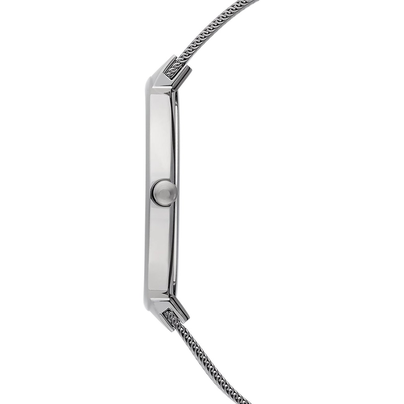 Bering Herrenuhr aus Edelstahl, von der Seite gesehen. Man erkennt die seitliche Krone und das feingliedrige Armband.