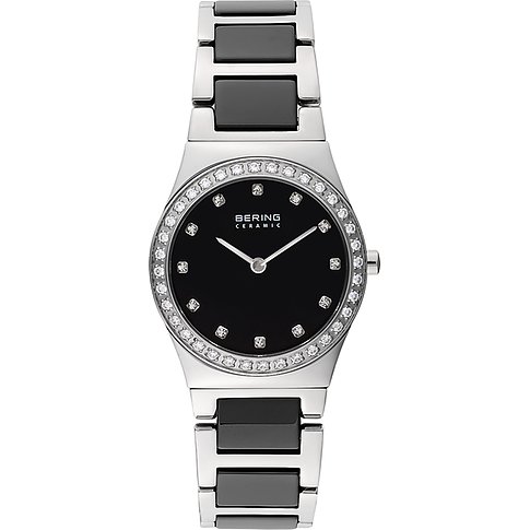 Bering Damenuhr aus Edelstahl und Keramik. Schwarzes Zifferblatt mit Swarovski-Kristallen und silberfarbener Lünette.