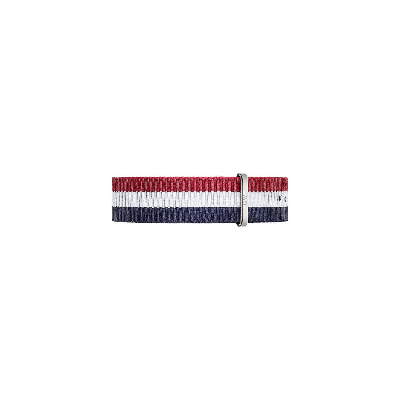 Bracelet Daniel Wellington en plastique avec des rayures rouges, blanches et bleues.