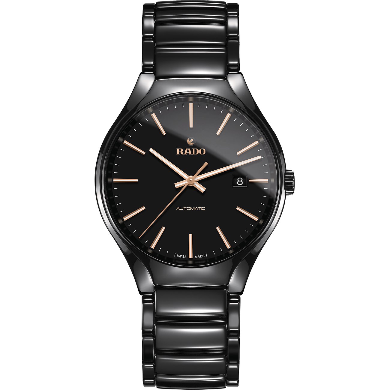 Rado Herrenuhr aus schwarzem Material mit schwarzem Zifferblatt und roségoldfarbenen Zeigern und Indizes.