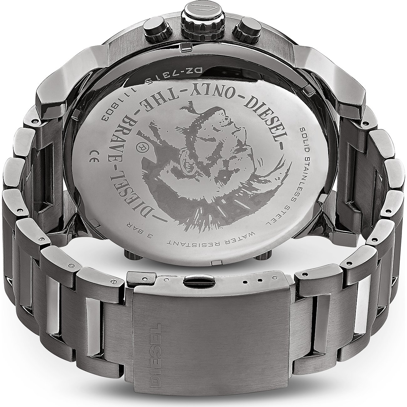 Rückansicht der Diesel Herrenuhr aus dunkelgrauem Edelstahl mit eingraviertem Logo und Schriftzügen auf dem Gehäuseboden.