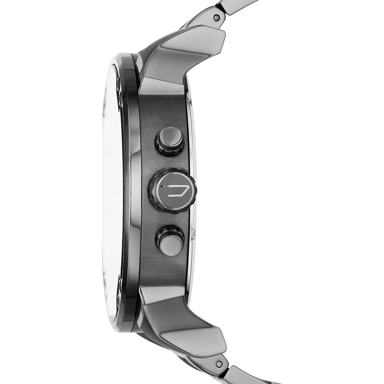 Seitenansicht der Diesel Herrenuhr aus silberfarbenem Edelstahl, die Krone und Drücker zeigt.