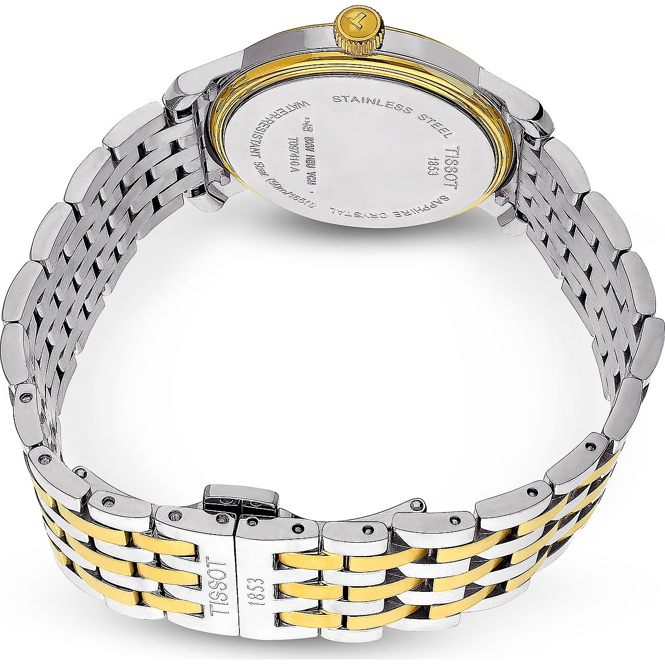 Rückseite einer Tissot Herrenuhr aus gold- und silberfarbenem Edelstahl. Das Gehäuse ist detailliert sichtbar.
