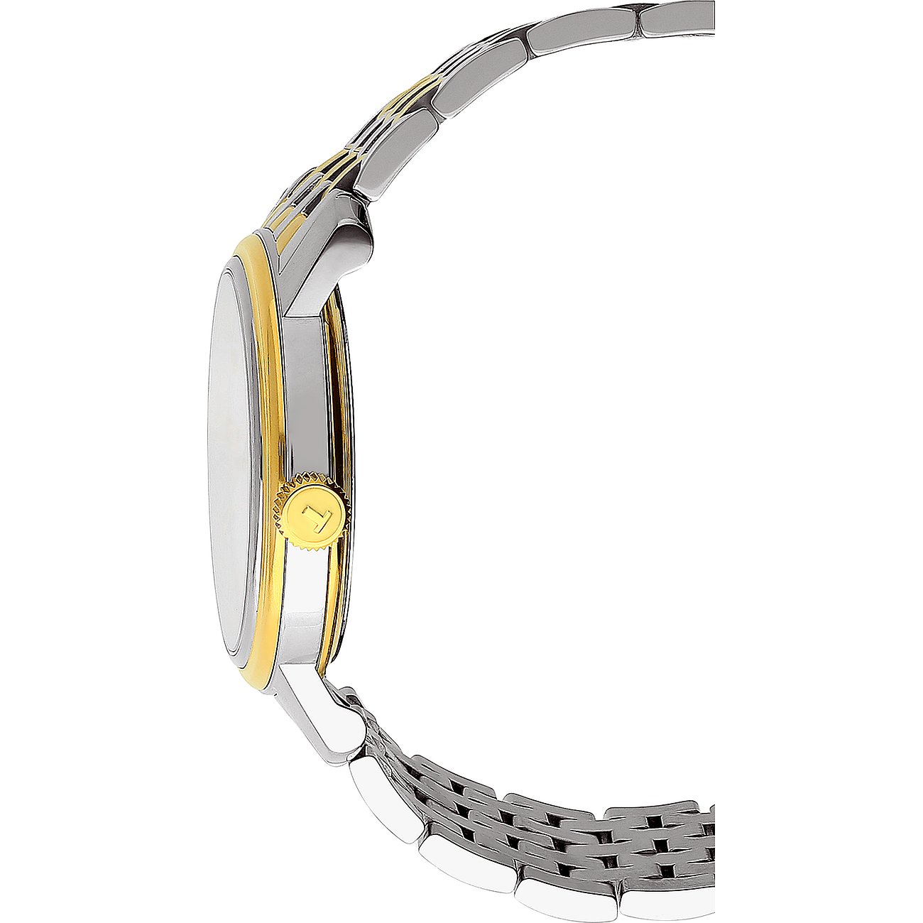 Seitenansicht einer Tissot Herrenuhr aus gold- und silberfarbenem Edelstahl mit runden Gehäuse und Krone.
