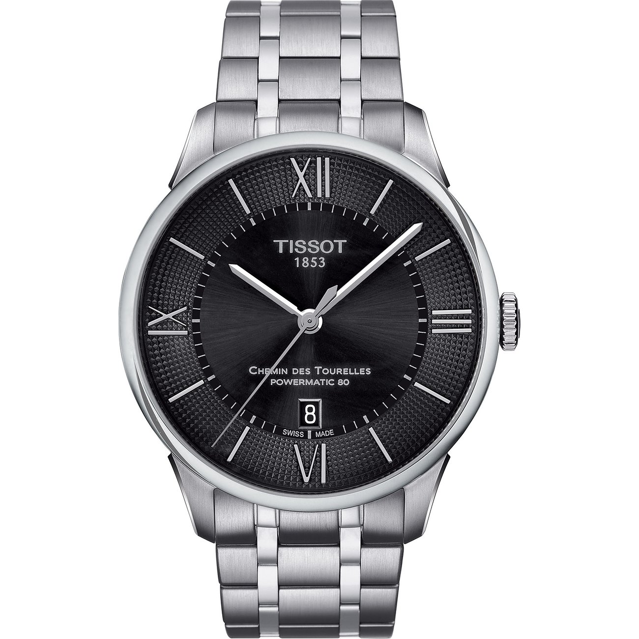 Tissot Herrenuhr aus Edelstahl, Modell Chemin des Tourelles, mit schwarzem Zifferblatt und Datumsanzeige.