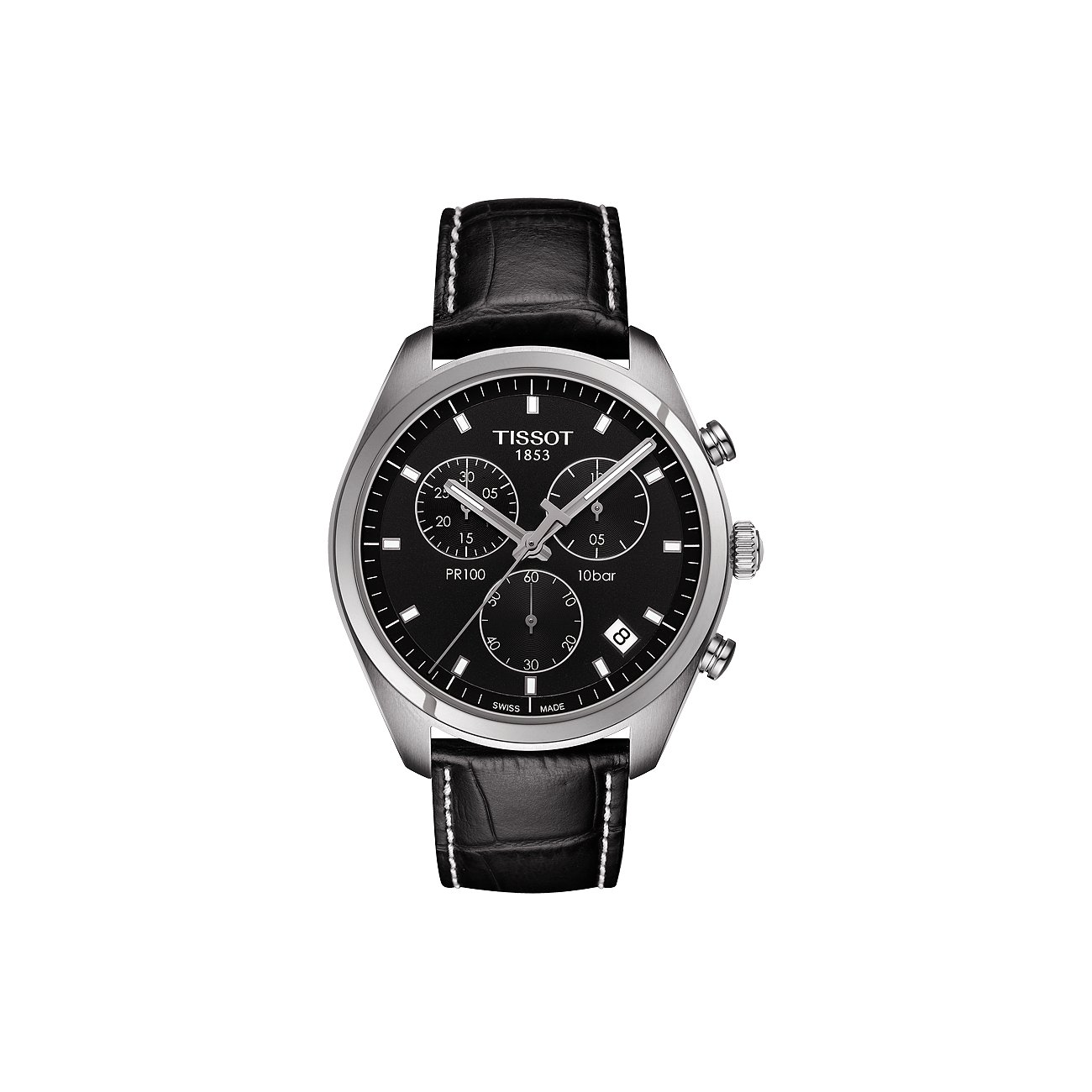 Eine Tissot Herrenuhr aus Edelstahl mit schwarzem Zifferblatt, drei Hilfszifferblättern und einem schwarzen Armband.