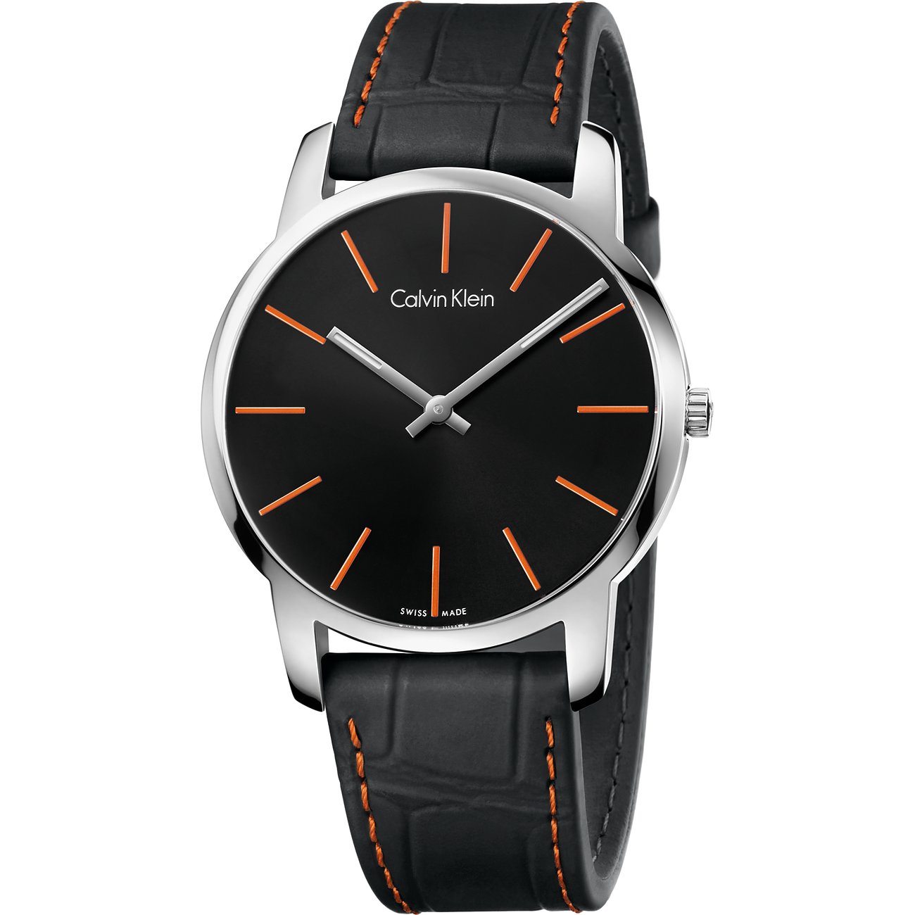 Calvin Klein Herrenuhr aus Edelstahl mit schwarzem Zifferblatt und orangefarbenen Indexen, Lederarmband.