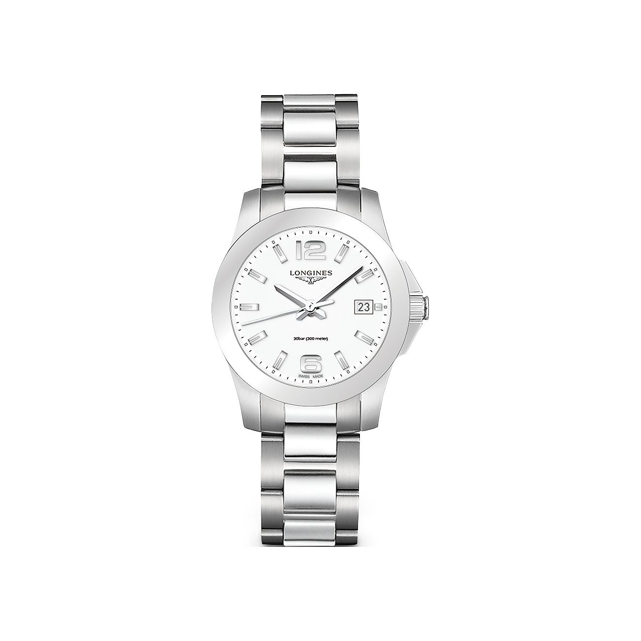 Eine Longines Damenuhr aus Edelstahl mit weißem Zifferblatt und silbernen Indizes, aufgenommen von vorne.