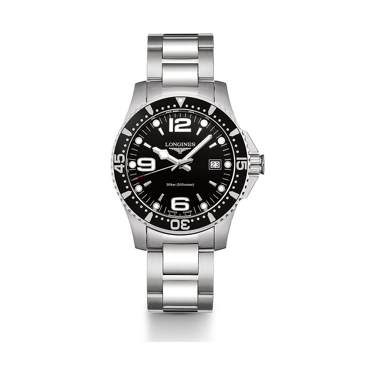 Longines Herrenuhr aus Edelstahl mit dunklem Zifferblatt, Datumsanzeige und silbernem Armband, Vorderansicht.