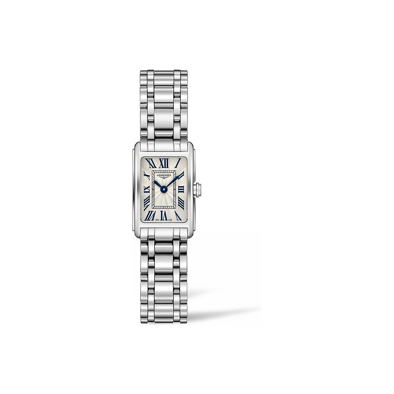 Longines Damenuhr mit Edelstahlgehäuse, analog, mit römischen Ziffern.