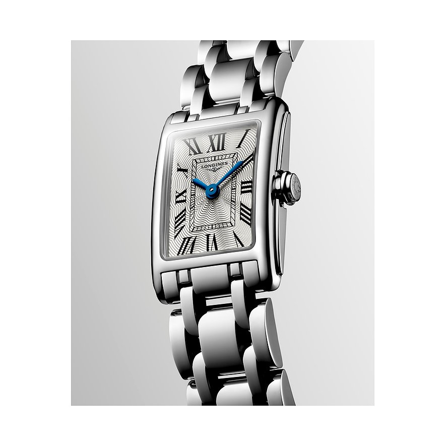 Longines Damenuhr mit Edelstahlgehäuse, silberfarben, analog, mit römischen Ziffern.