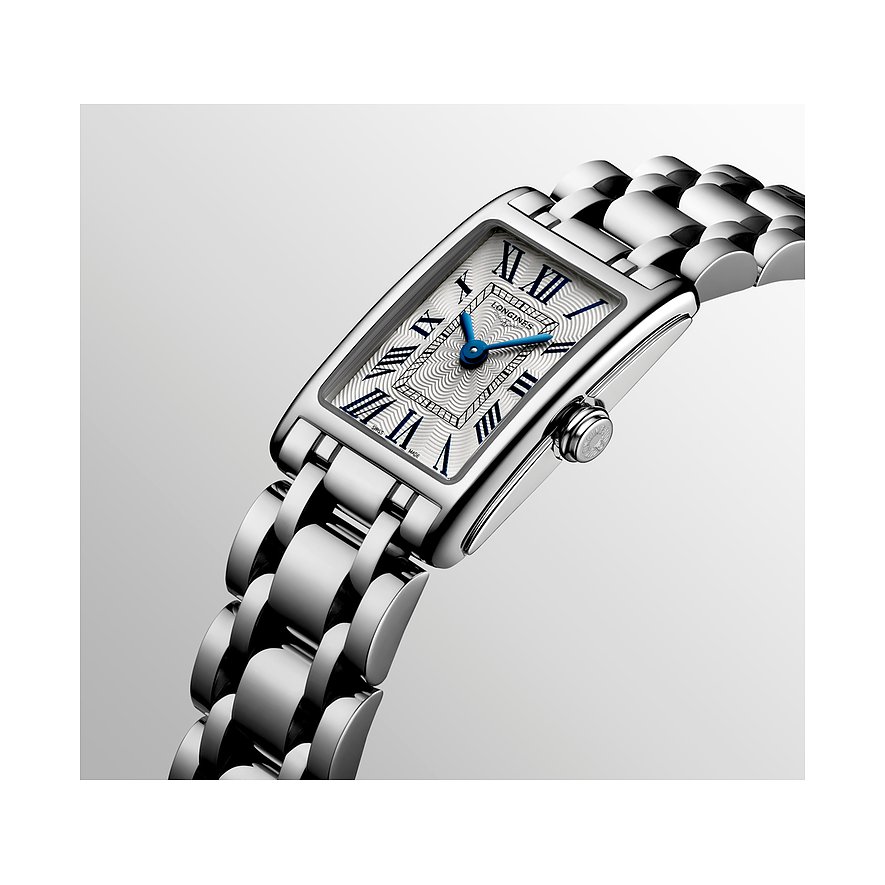Longines Damenuhr mit Edelstahlgehäuse, silberfarben, analog mit römischen Ziffern.