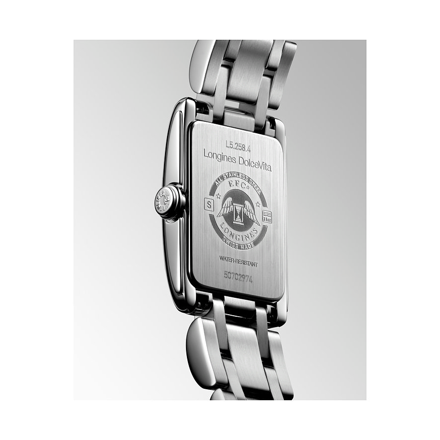 Longines Damenuhr aus Edelstahl mit silberfarbenem Gehäuse und Armband.